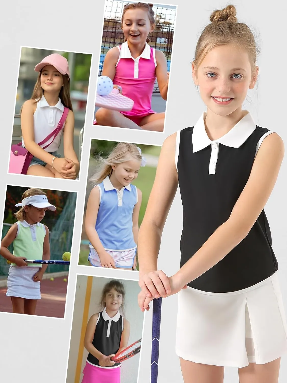 Girls Polo Shirt Sleeveless Golf Shirts Contrast Collared Button-Up Tennis T-Shirts Quick Dry Breathable Tank Tops