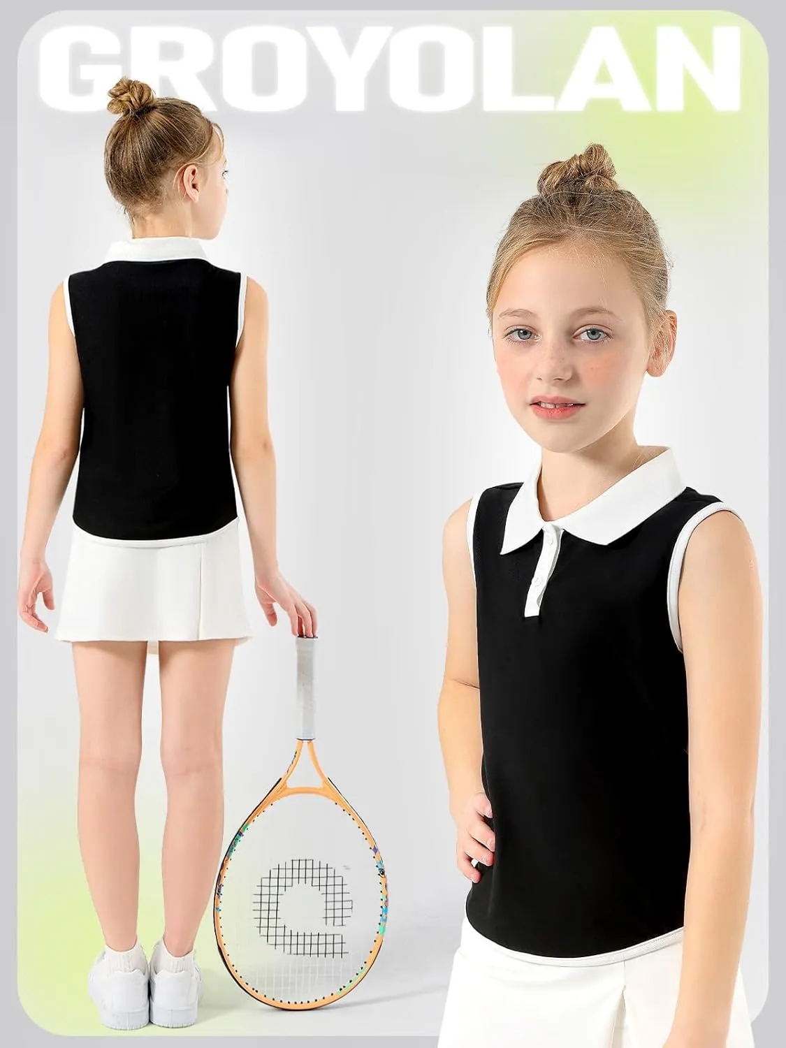 Girls Polo Shirt Sleeveless Golf Shirts Contrast Collared Button-Up Tennis T-Shirts Quick Dry Breathable Tank Tops