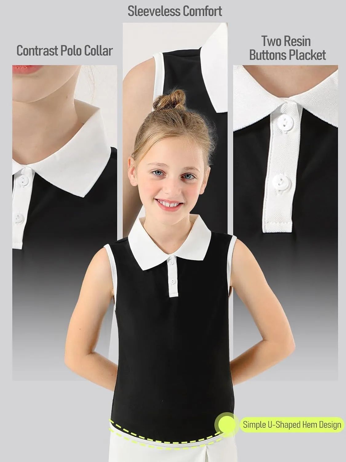 Girls Polo Shirt Sleeveless Golf Shirts Contrast Collared Button-Up Tennis T-Shirts Quick Dry Breathable Tank Tops