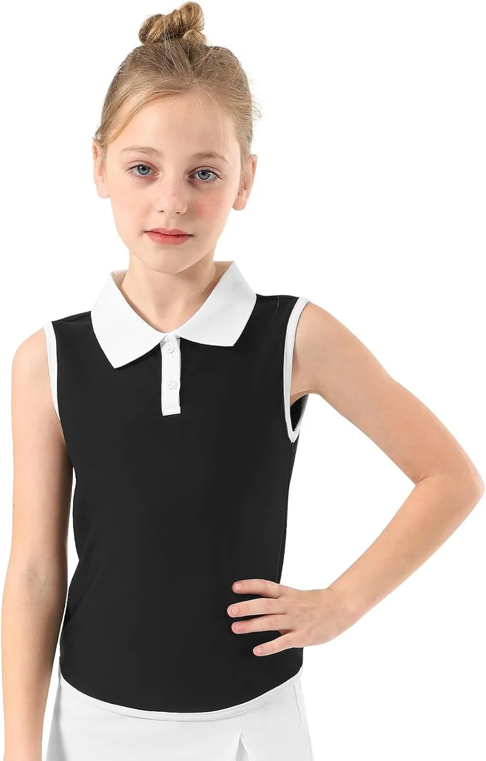 Girls Polo Shirt Sleeveless Golf Shirts Contrast Collared Button-Up Tennis T-Shirts Quick Dry Breathable Tank Tops