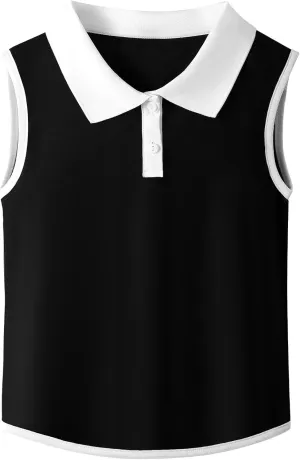 Girls Polo Shirt Sleeveless Golf Shirts Contrast Collared Button-Up Tennis T-Shirts Quick Dry Breathable Tank Tops