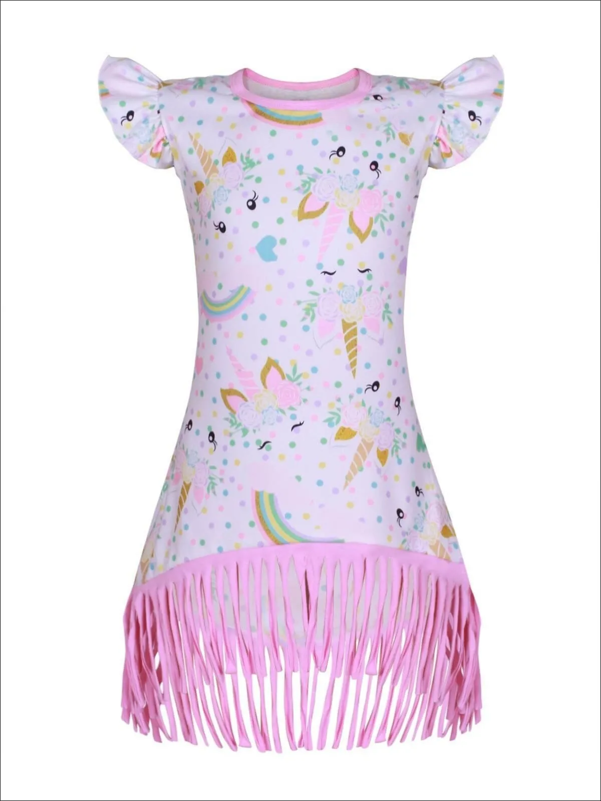 Girls Unicorn Print Flutter Sleeve Front Tie Fringe Hem Dress with Polka Dots, Hearts And Rainbows