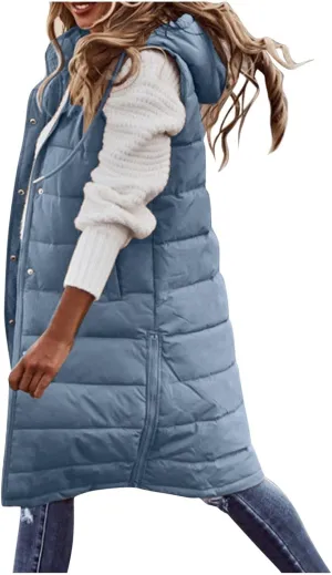 GOKKILRW Womens Winter Long Puffer Vests Outdoor Sleeveless Quilted Down Coats with Hood Warm Zip Up Cotton Padded Jackets