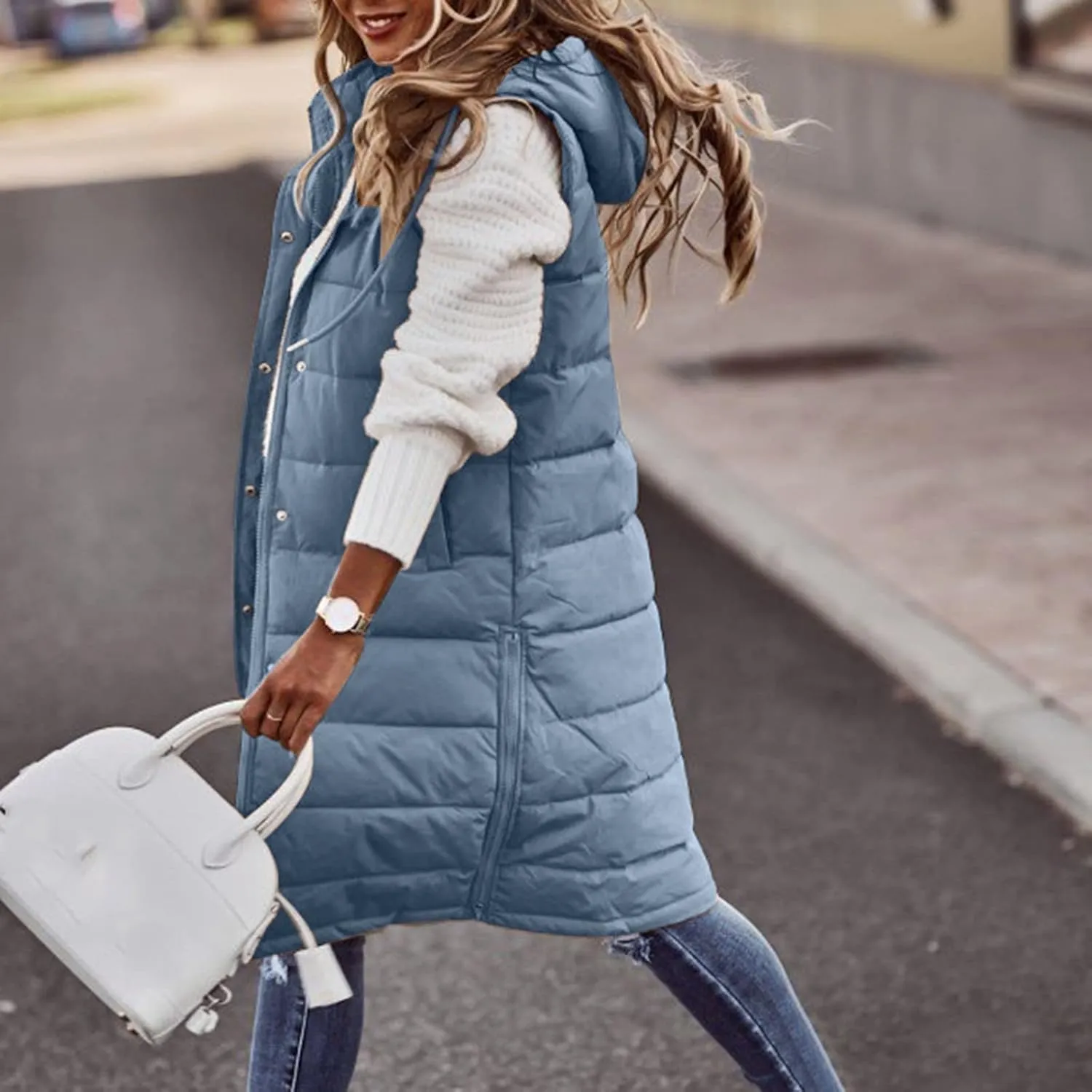 GOKKILRW Womens Winter Long Puffer Vests Outdoor Sleeveless Quilted Down Coats with Hood Warm Zip Up Cotton Padded Jackets