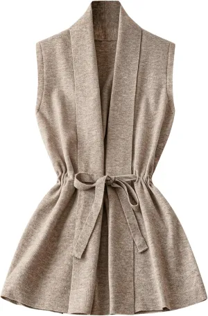 GORGLITTER Women's Sleeveless Cardigan Vest Tie Front Drawstring Open Neck Lightweight Sweater Vest Outerwear
