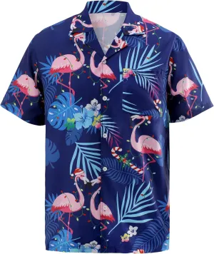 Hawaiian Shirt for Men Short Sleeve Casual Button Down Shirt Flamingos Tropical Beach Shirts Aloha Shirts with Pocket (Navy Flamingos,XXL)