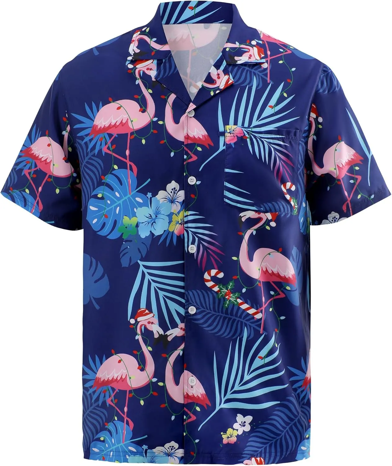 Hawaiian Shirt for Men Short Sleeve Casual Button Down Shirt Flamingos Tropical Beach Shirts Aloha Shirts with Pocket (Navy Flamingos,XXL)