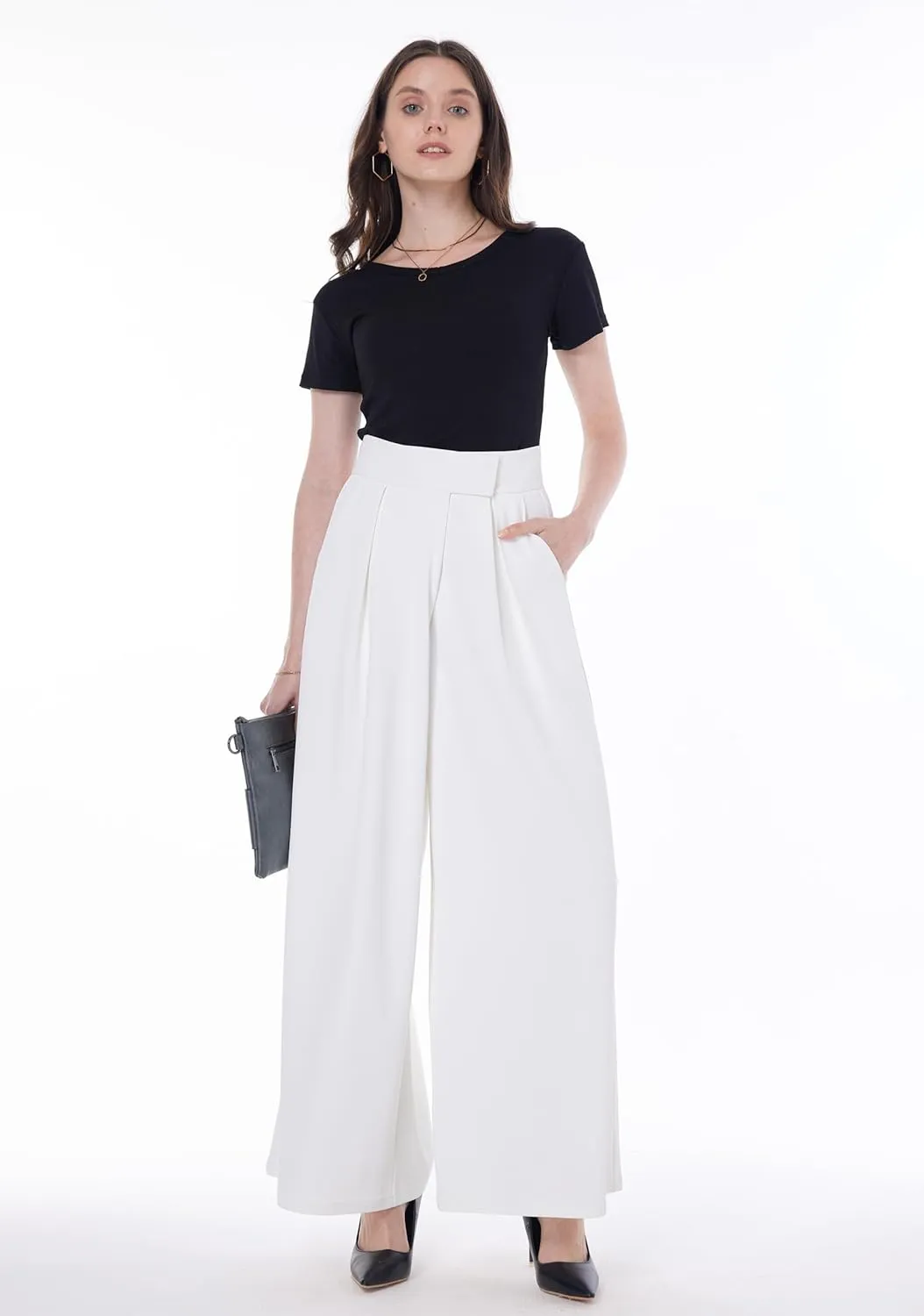 heipeiwa Women's High Waist Palazzo Pants Business Casual Work Dress Suit Wide Leg Pant Trouser with Pockets