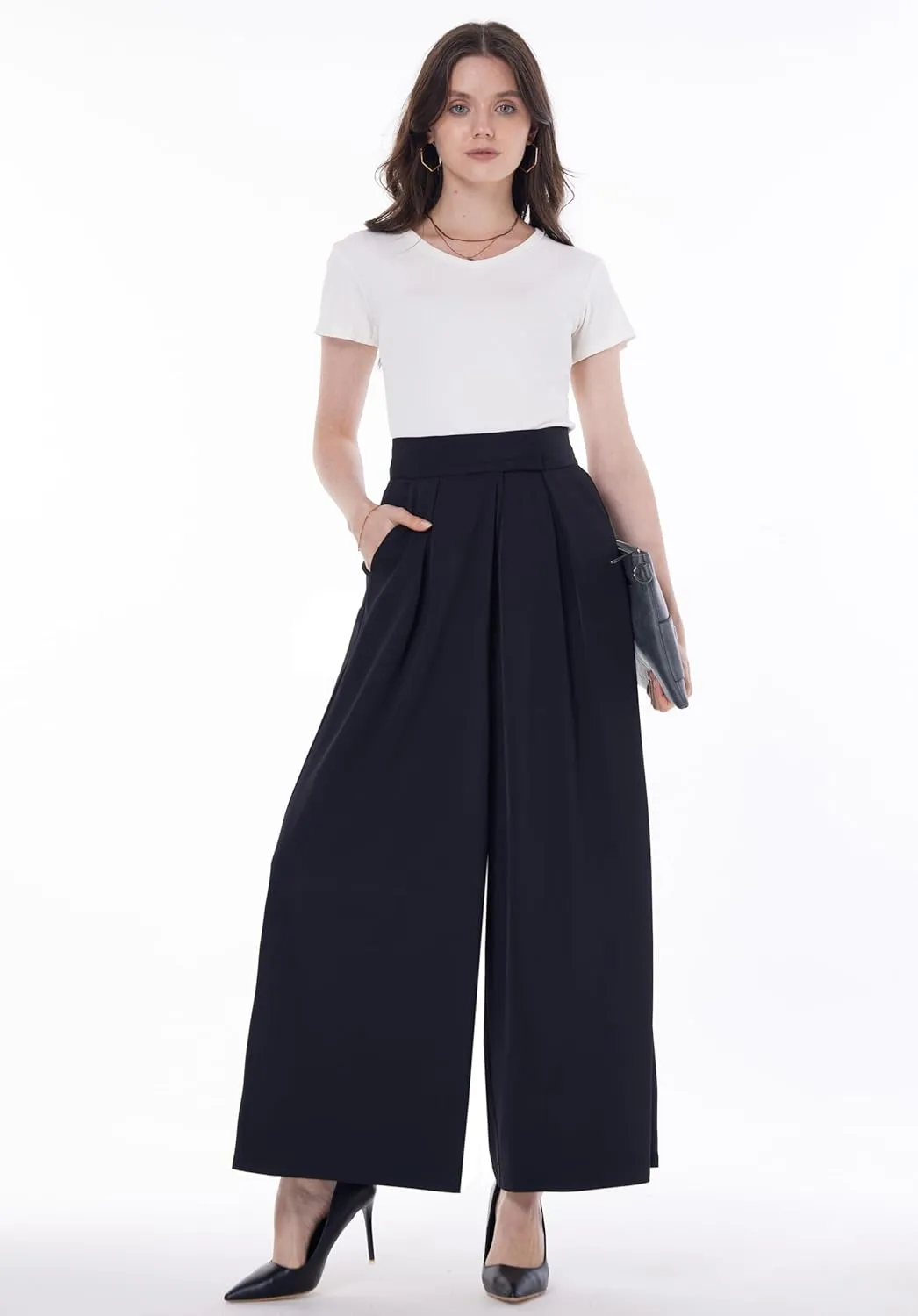 heipeiwa Women's High Waist Palazzo Pants Business Casual Work Dress Suit Wide Leg Pant Trouser with Pockets