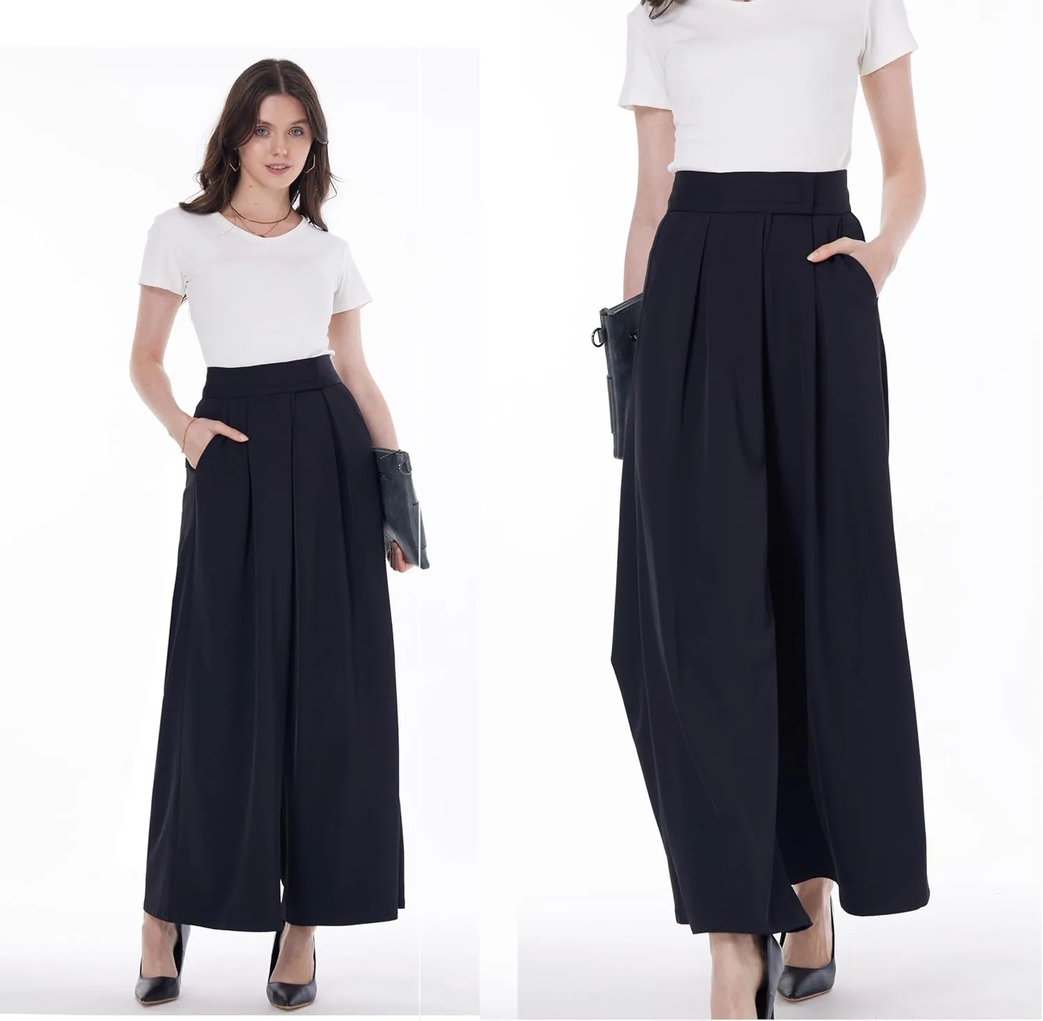 heipeiwa Women's High Waist Palazzo Pants Business Casual Work Dress Suit Wide Leg Pant Trouser with Pockets