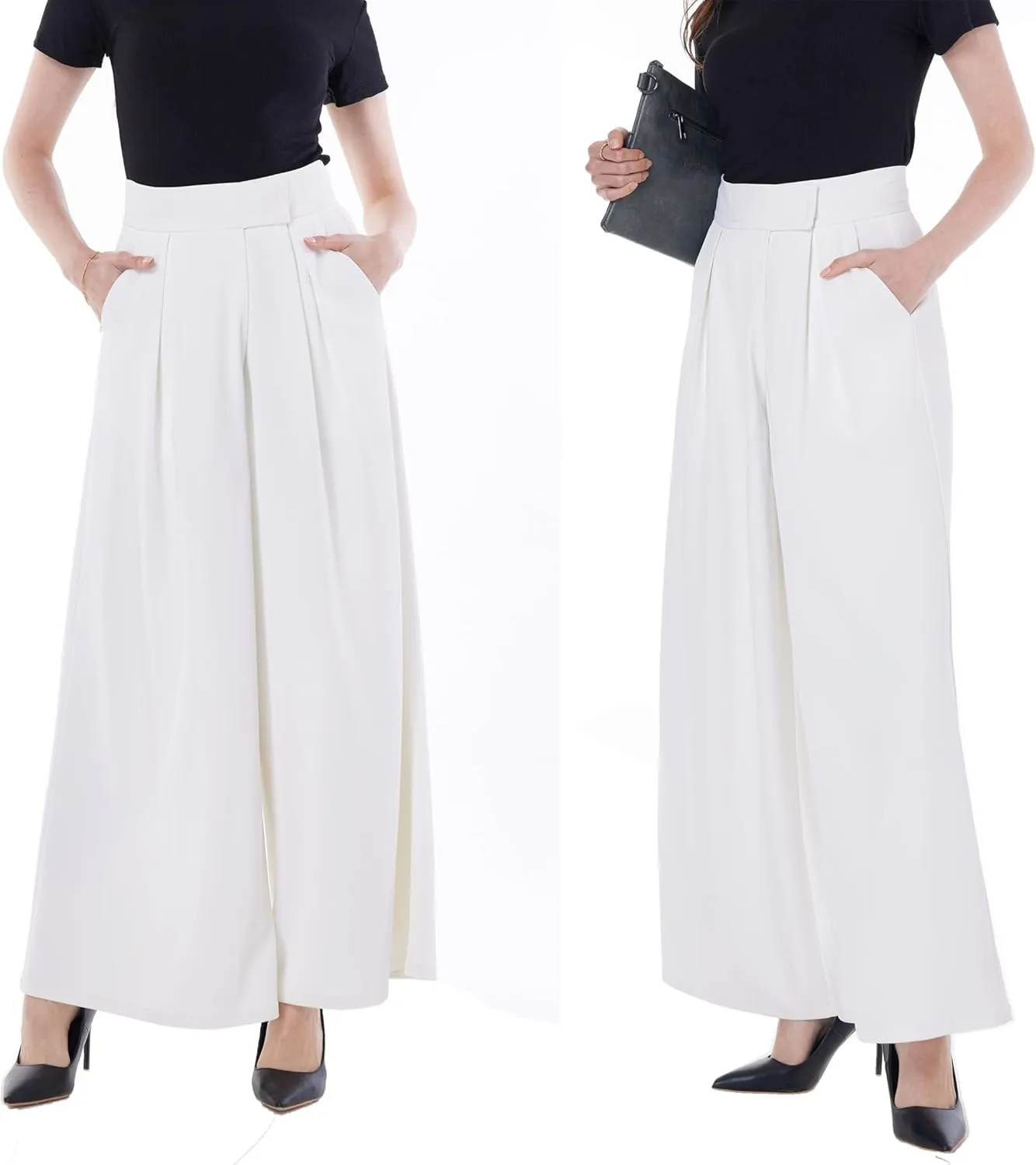 heipeiwa Women's High Waist Palazzo Pants Business Casual Work Dress Suit Wide Leg Pant Trouser with Pockets