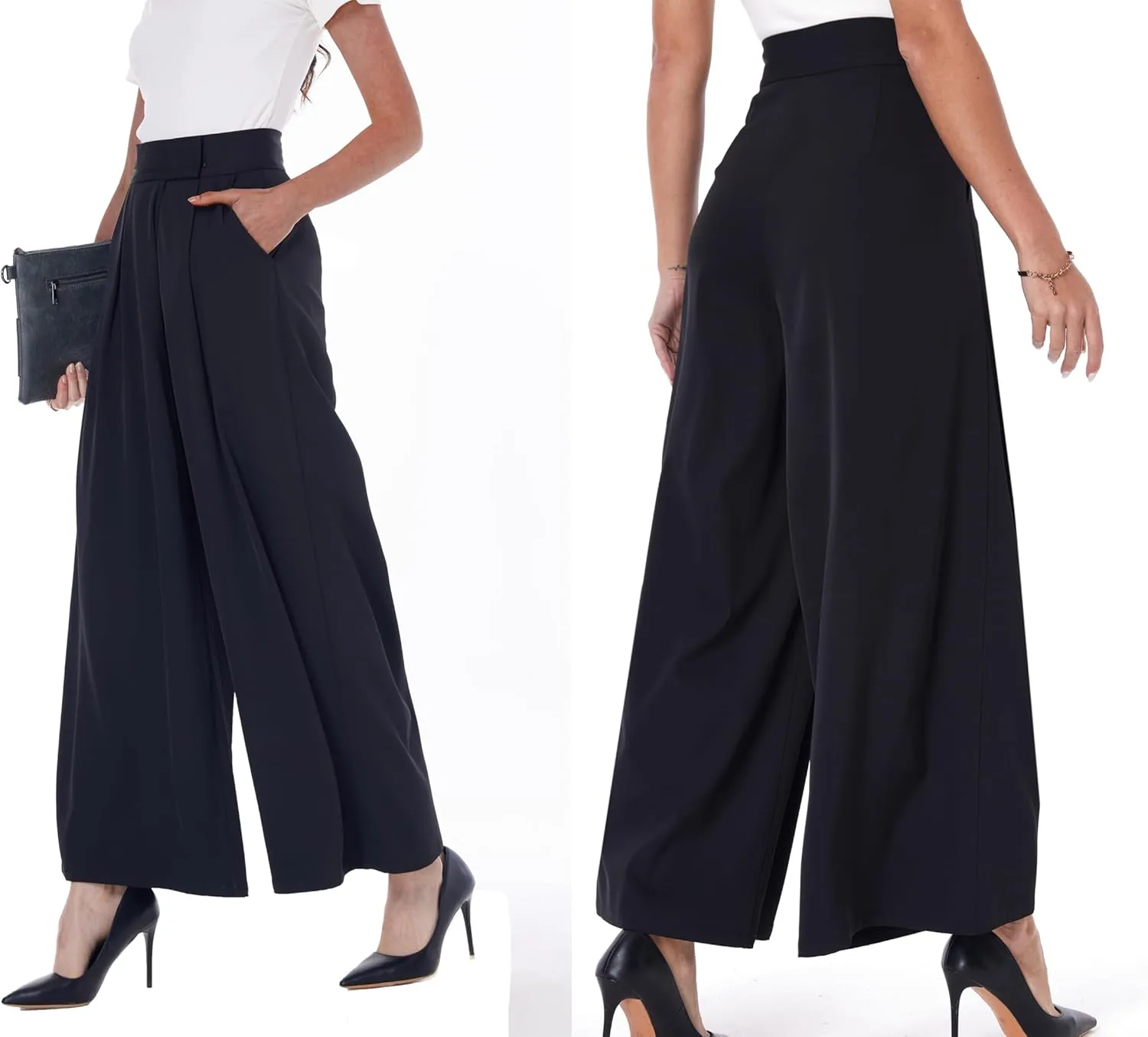 heipeiwa Women's High Waist Palazzo Pants Business Casual Work Dress Suit Wide Leg Pant Trouser with Pockets