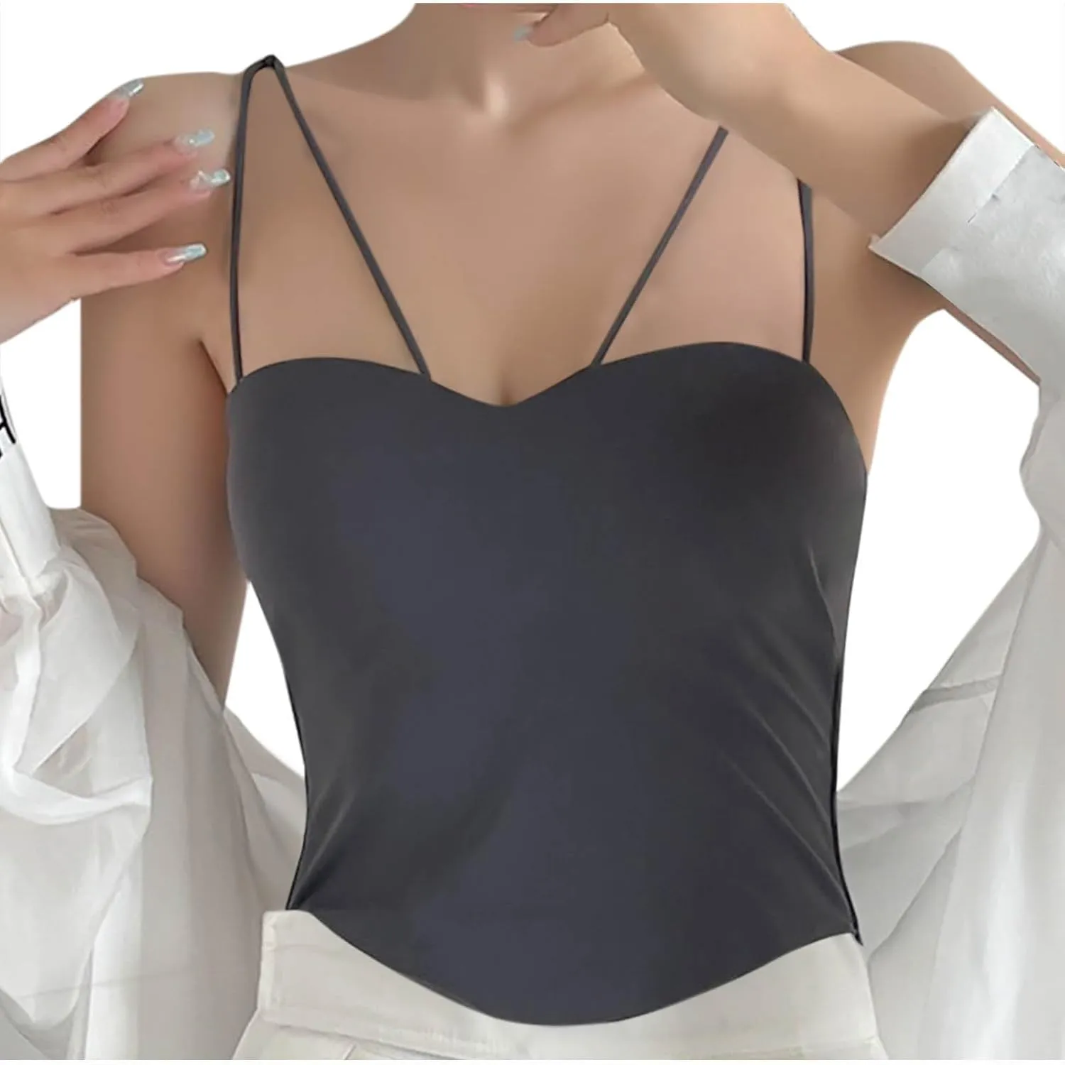HGps8w Women's Built in Bra Camisole Sexy Spaghetti Strap Tank Tops Bandeau Workout Yoga Undershirts