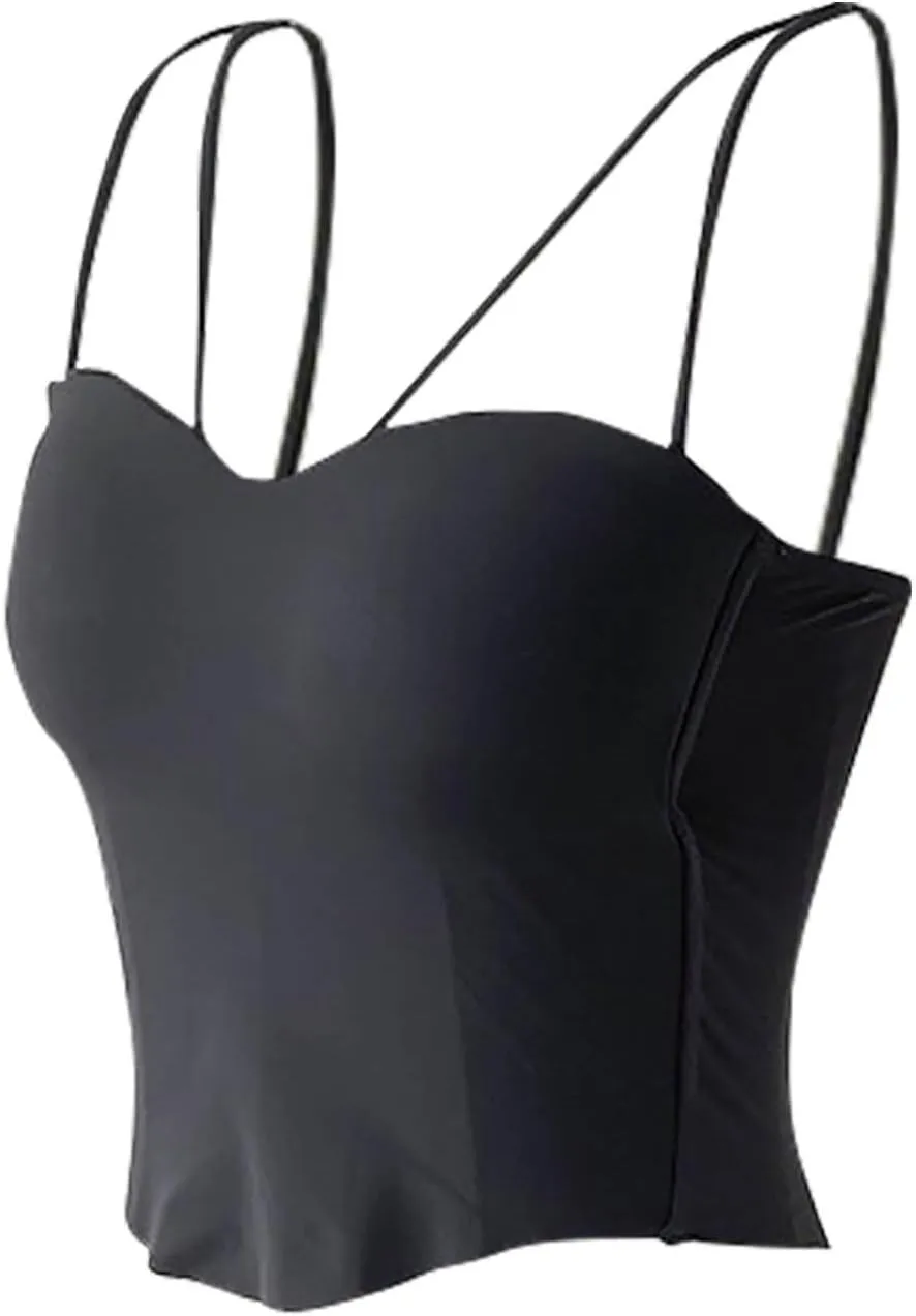 HGps8w Women's Built in Bra Camisole Sexy Spaghetti Strap Tank Tops Bandeau Workout Yoga Undershirts