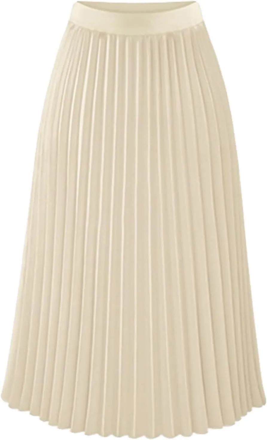 High Waisted Pleated Skirts for Women Casual A-Line Midi Length Flowy Skirt with Lightweight Fabric and Elastic Waist