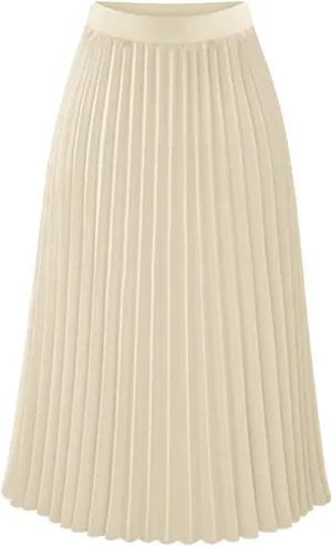High Waisted Pleated Skirts for Women Casual A-Line Midi Length Flowy Skirt with Lightweight Fabric and Elastic Waist