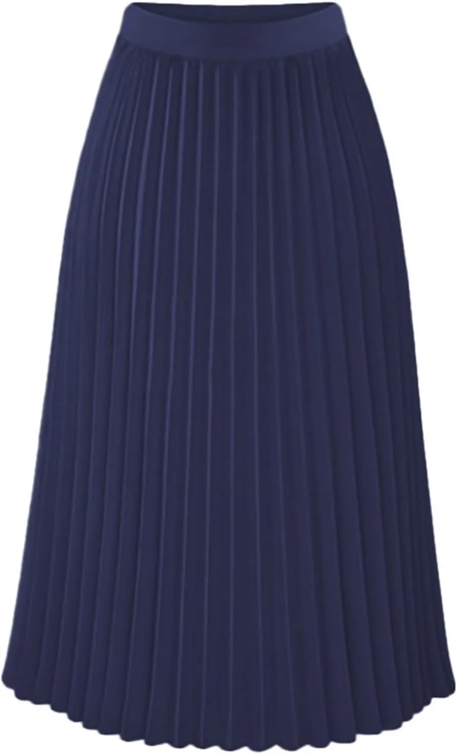 High Waisted Pleated Skirts for Women Casual A-Line Midi Length Flowy Skirt with Lightweight Fabric and Elastic Waist