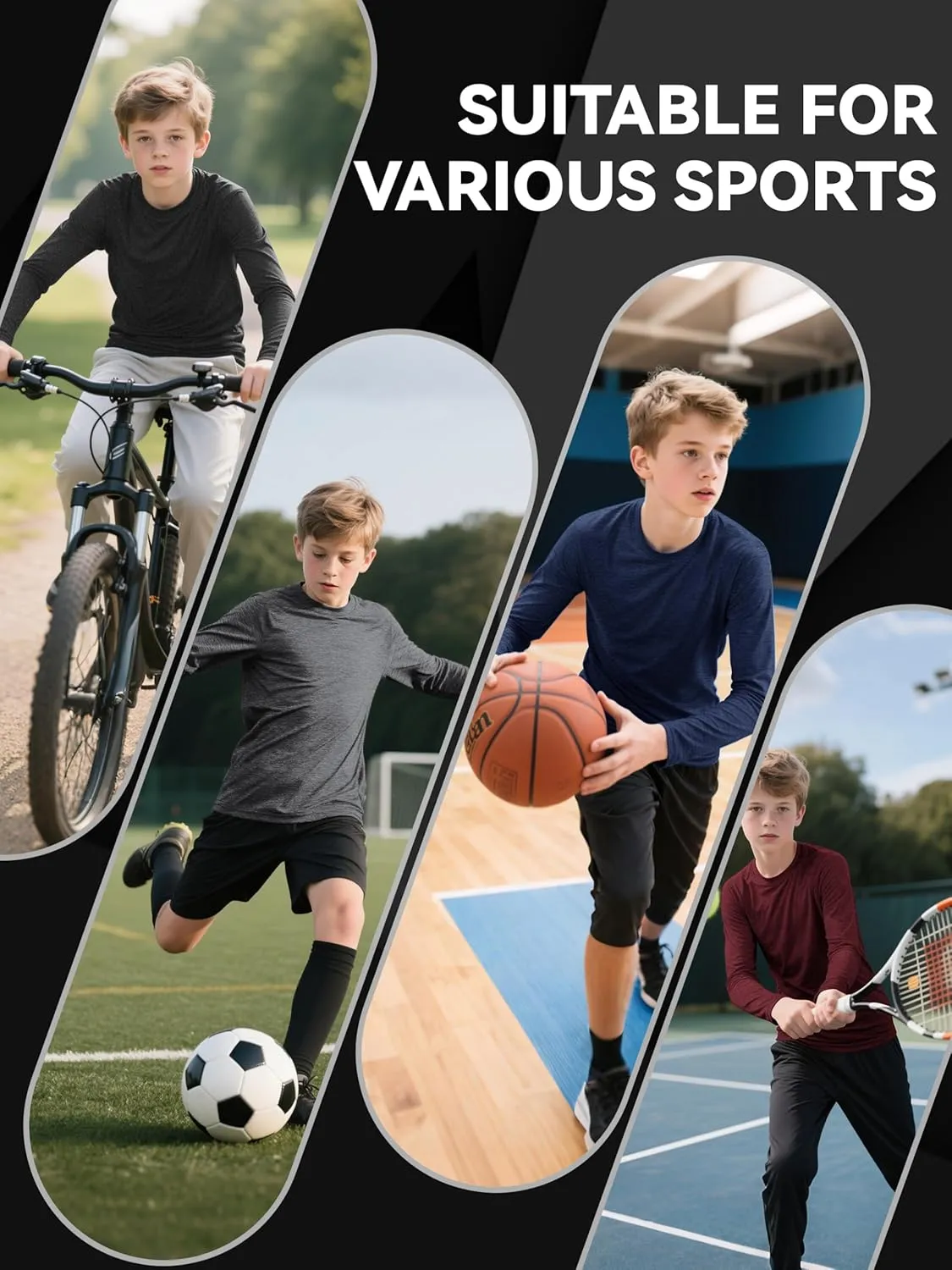 HXP 4 Pack Boys Long Sleeve Shirts Dry Fit Athletic T Shirts Boys' Activewear Quick-Dry Clothes Tees for Youth Teens