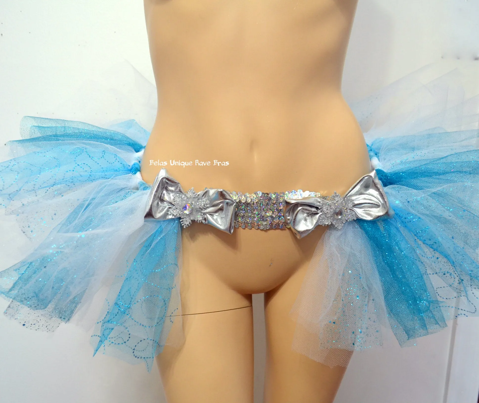 Ice Princess Glitter Blue and Silver Sequin Bow Tutu Half Bustle Skirt