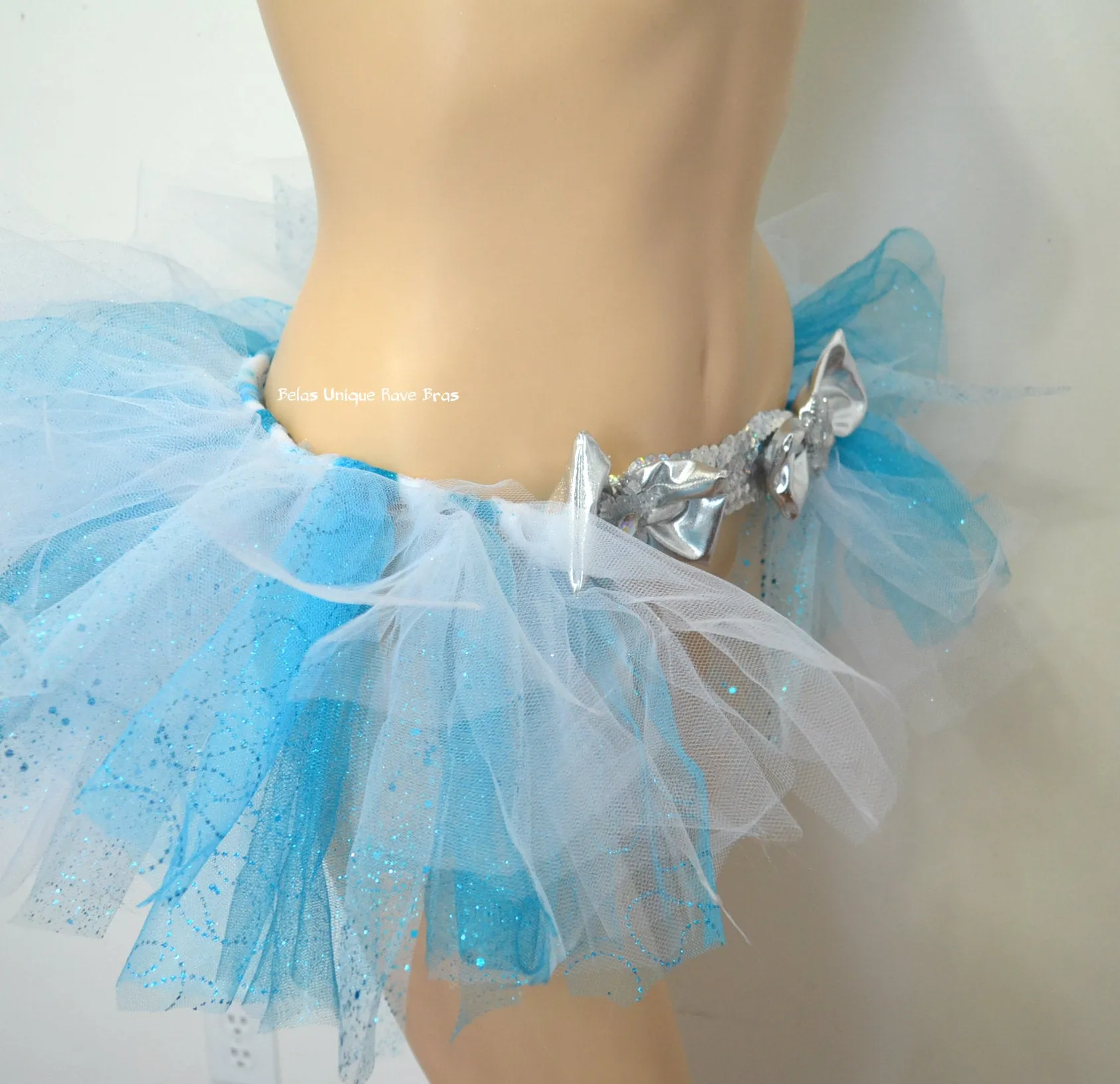 Ice Princess Glitter Blue and Silver Sequin Bow Tutu Half Bustle Skirt