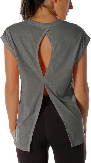 icyzone Open Back Workout Top Shirts - Yoga t-Shirts Activewear Exercise Tops for Women