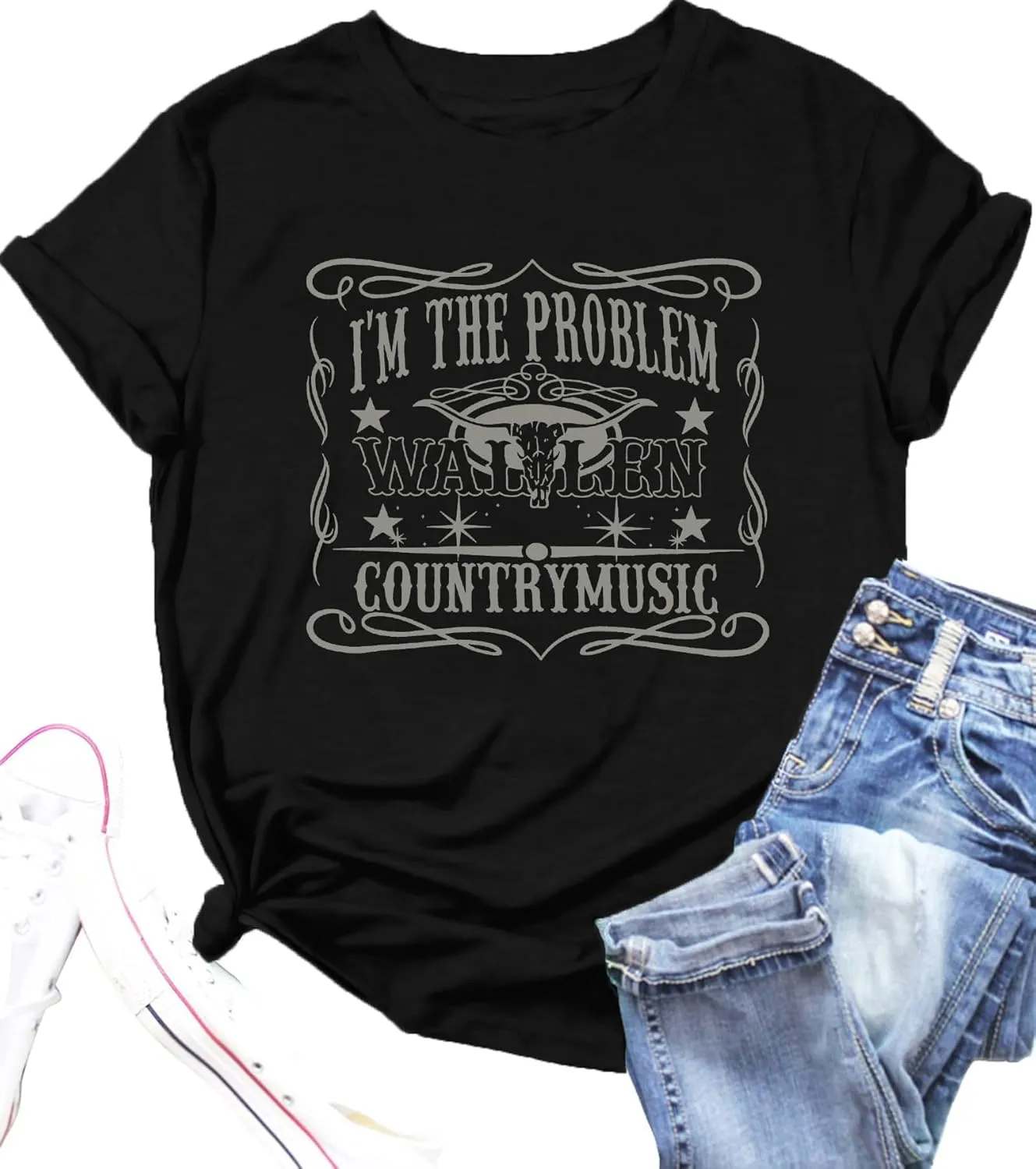 I'm The Problem T-Shirt Retro Steer Skull Western Shirts Country Music Tees Cowgirl Graphic Cowboy Tops