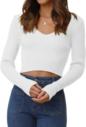 INFITTY Women's V Neck Cropped Sweater Basic Long Sleeve Shirts Slim Fitted Ribbed Knitted Pullover Crop Tops