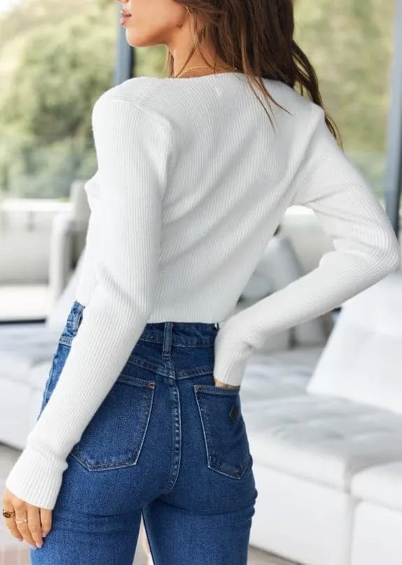 INFITTY Women's V Neck Cropped Sweater Basic Long Sleeve Shirts Slim Fitted Ribbed Knitted Pullover Crop Tops