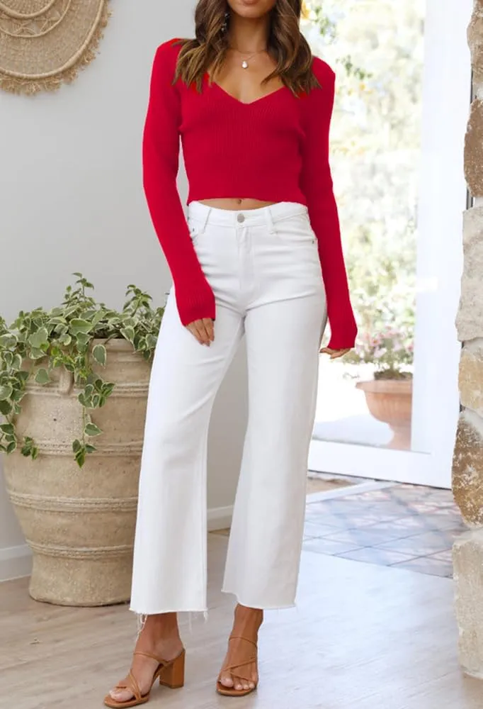 INFITTY Women's V Neck Cropped Sweater Basic Long Sleeve Shirts Slim Fitted Ribbed Knitted Pullover Crop Tops