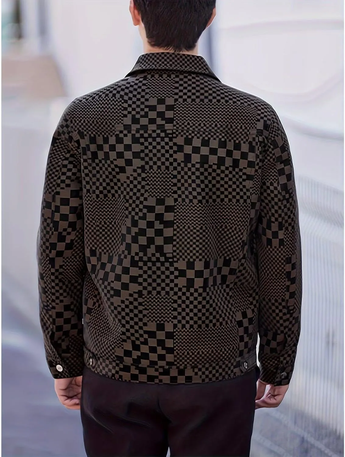 INVACHI Men's Faux Leather Jacket Checkboard Print Casual Plaid PU Snap Button Jacket with Pockets