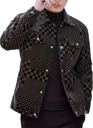 INVACHI Men's Faux Leather Jacket Checkboard Print Casual Plaid PU Snap Button Jacket with Pockets