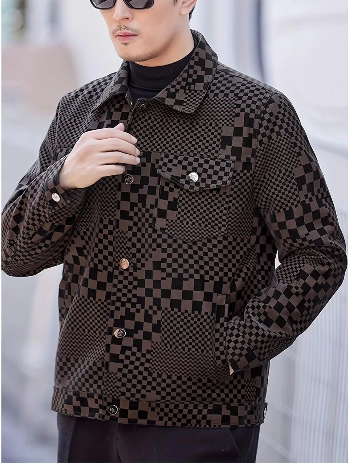INVACHI Men's Faux Leather Jacket Checkboard Print Casual Plaid PU Snap Button Jacket with Pockets