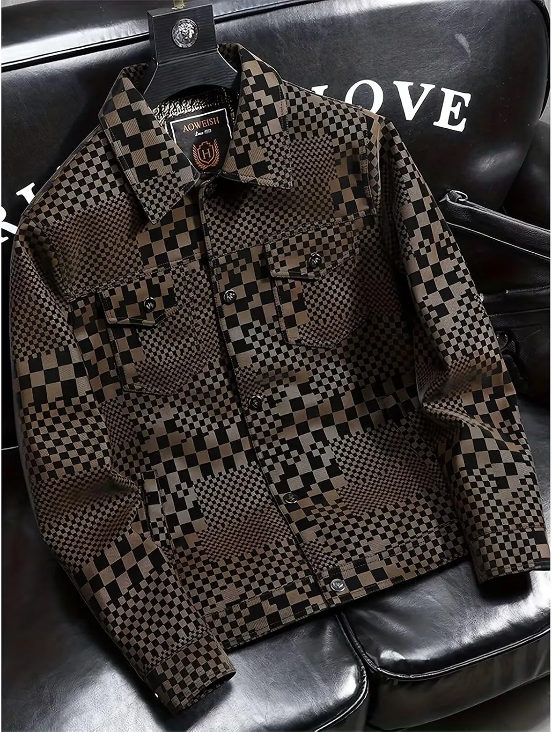 INVACHI Men's Faux Leather Jacket Checkboard Print Casual Plaid PU Snap Button Jacket with Pockets