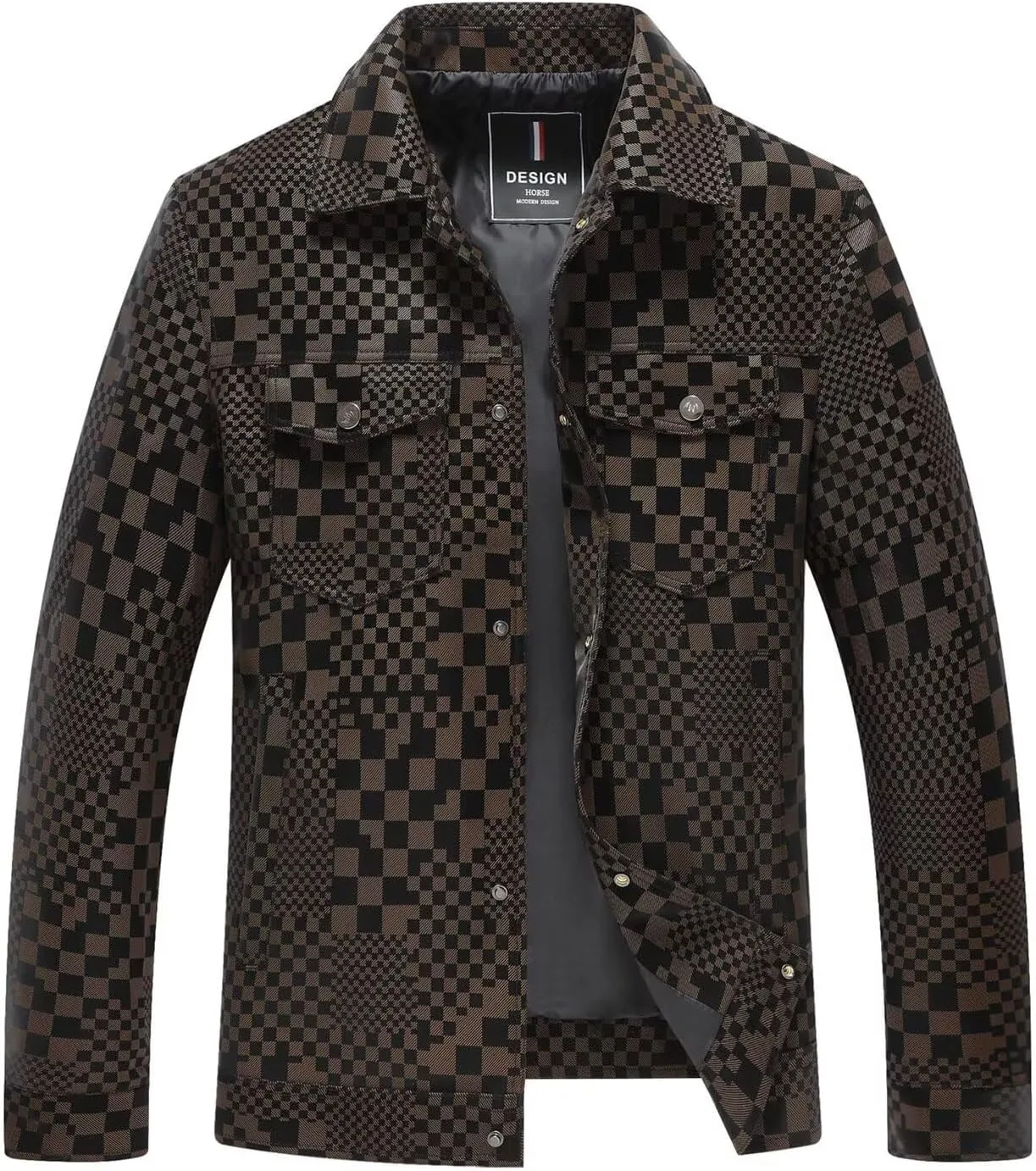 INVACHI Men's Faux Leather Jacket Checkboard Print Casual Plaid PU Snap Button Jacket with Pockets
