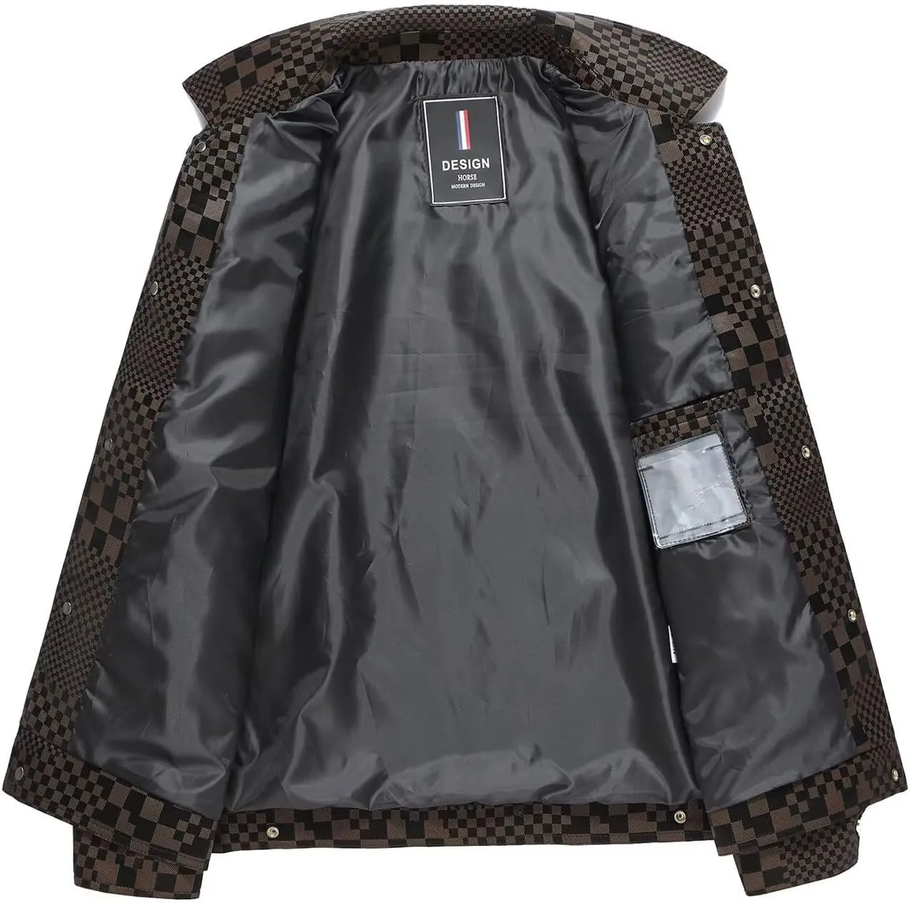 INVACHI Men's Faux Leather Jacket Checkboard Print Casual Plaid PU Snap Button Jacket with Pockets