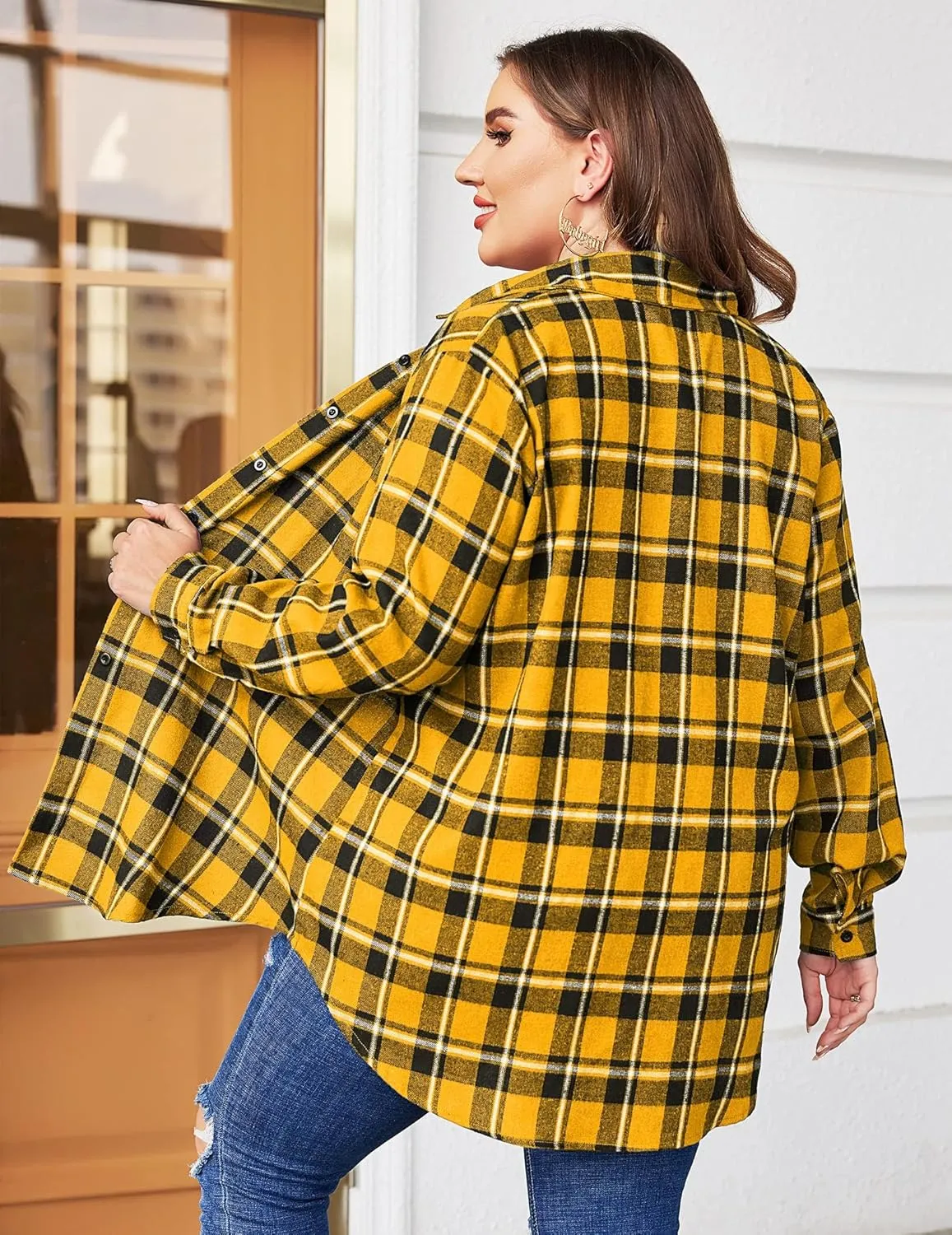 IN'VOLAND Womens Plus Size Flannel Plaid Shirt Roll Up Long Sleeve Mid-Long Button Down Shirts Casual Boyfriend Tops