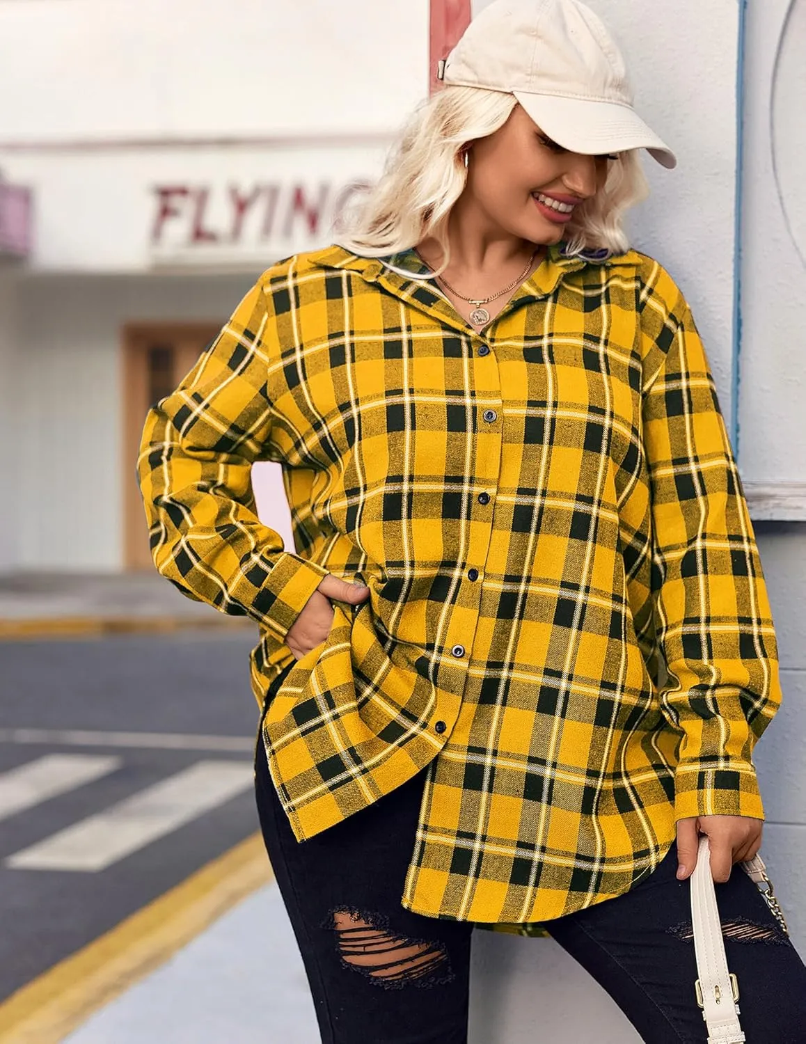 IN'VOLAND Womens Plus Size Flannel Plaid Shirt Roll Up Long Sleeve Mid-Long Button Down Shirts Casual Boyfriend Tops