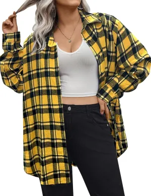 IN'VOLAND Womens Plus Size Flannel Plaid Shirt Roll Up Long Sleeve Mid-Long Button Down Shirts Casual Boyfriend Tops