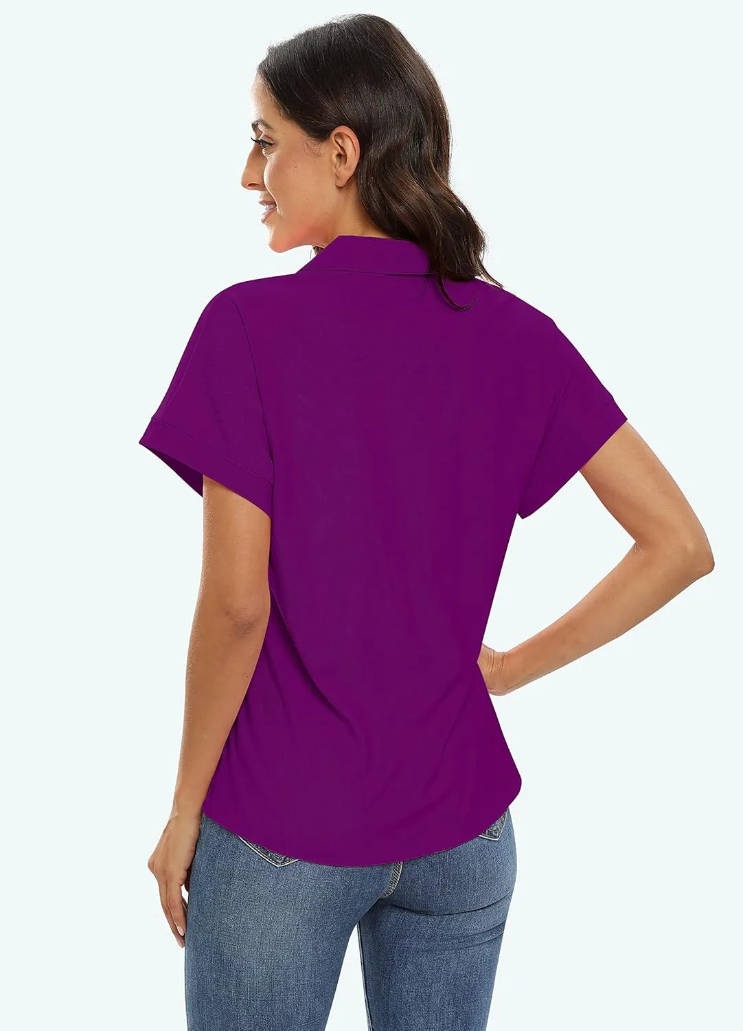JINSHI Women's Golf Polo Shirts V Neck Collared Short Sleeve Sport Top UPF50  Loose Tennis Shirts Quick Dry