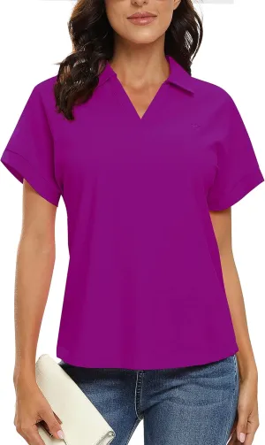 JINSHI Women's Golf Polo Shirts V Neck Collared Short Sleeve Sport Top UPF50  Loose Tennis Shirts Quick Dry