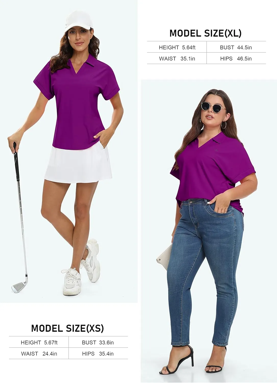 JINSHI Women's Golf Polo Shirts V Neck Collared Short Sleeve Sport Top UPF50  Loose Tennis Shirts Quick Dry