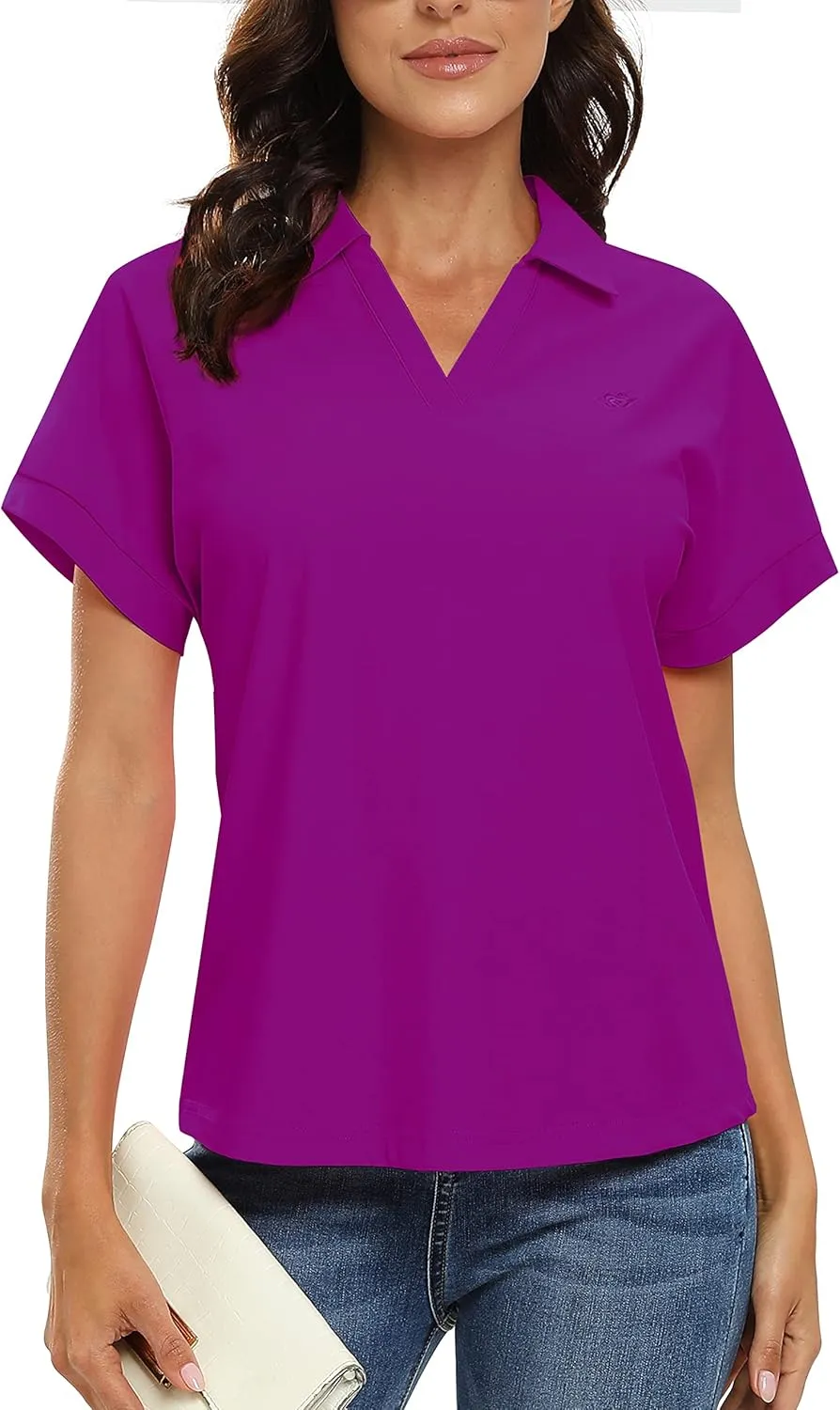 JINSHI Women's Golf Polo Shirts V Neck Collared Short Sleeve Sport Top UPF50  Loose Tennis Shirts Quick Dry