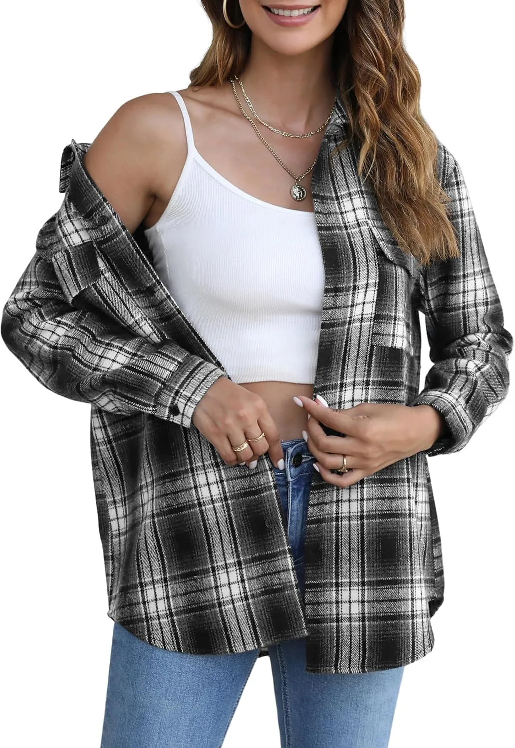 Jouica Womens 2024 Fall Clothes Plaid Shacket Jacket Long Sleeve Button Down Flannel Shirts Fashion Blouse
