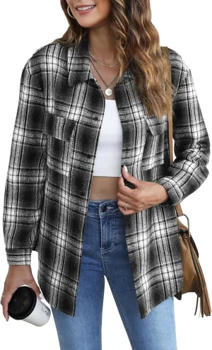 Jouica Womens 2024 Fall Clothes Plaid Shacket Jacket Long Sleeve Button Down Flannel Shirts Fashion Blouse