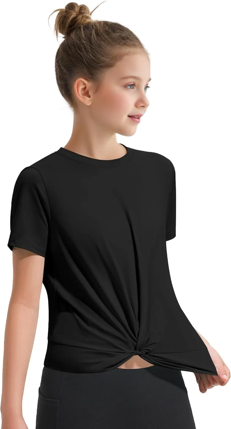 KEREDA Girls Athletic Shirts Tie Front Tops Summer Short Sleeve Quick Dry Active Tees T-Shirts for Kids Teens