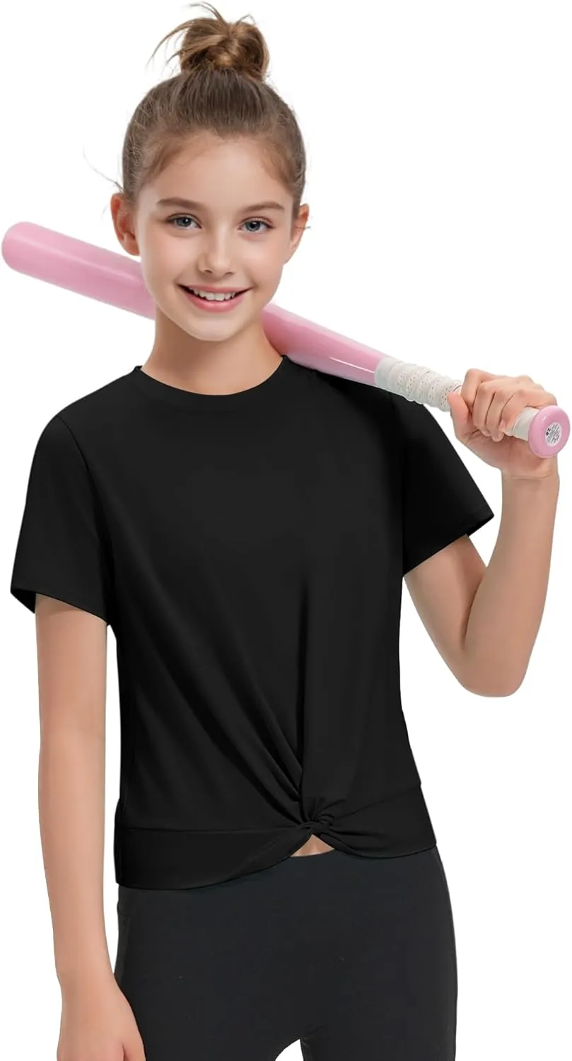 KEREDA Girls Athletic Shirts Tie Front Tops Summer Short Sleeve Quick Dry Active Tees T-Shirts for Kids Teens
