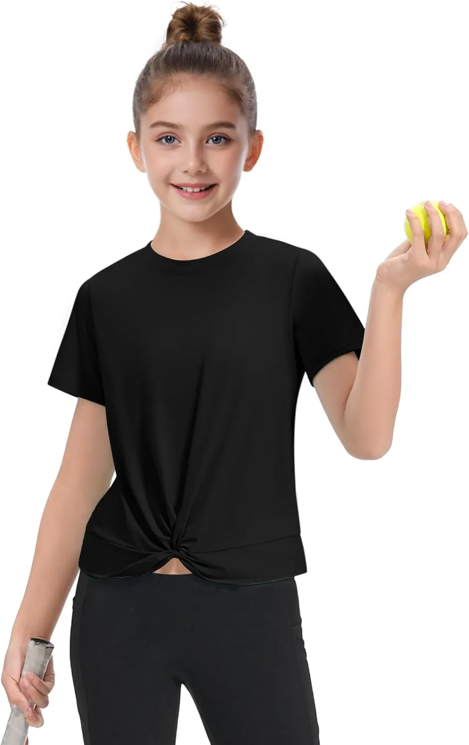 KEREDA Girls Athletic Shirts Tie Front Tops Summer Short Sleeve Quick Dry Active Tees T-Shirts for Kids Teens