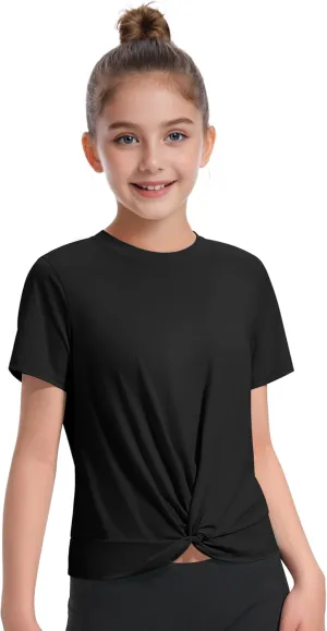KEREDA Girls Athletic Shirts Tie Front Tops Summer Short Sleeve Quick Dry Active Tees T-Shirts for Kids Teens