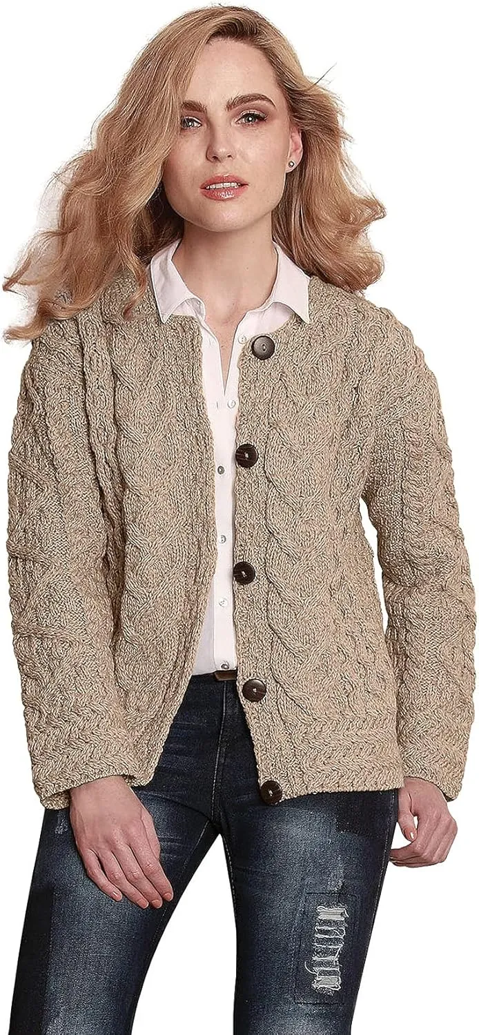 Ladies Irish Cable Knit Merino Wool Cardigan for Women Made in Ireland