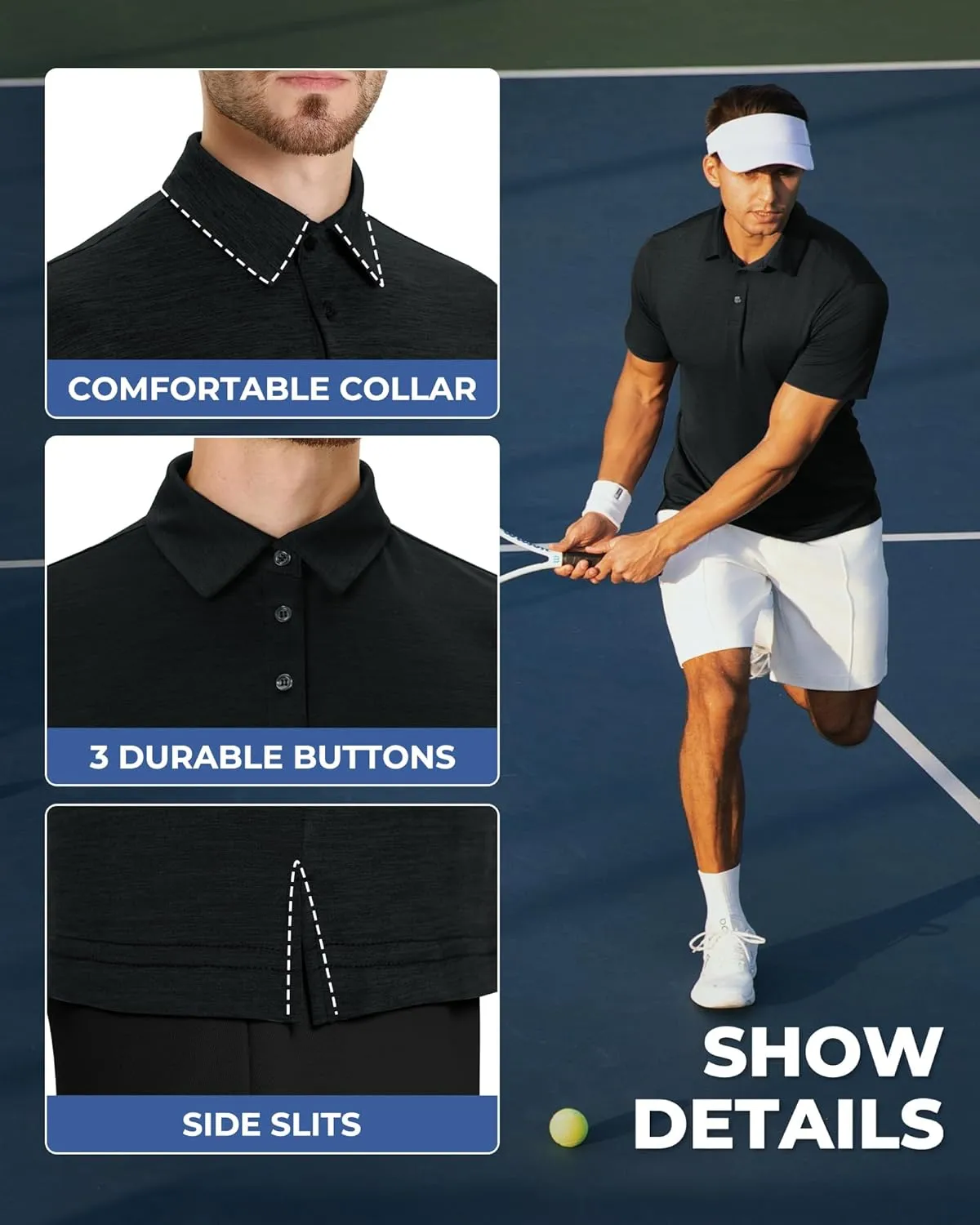 LalaHooK Polo Shirts for Men - Short Sleeve Quick Dry Moisture Wicking Black Golf T Shirts for Work Casual Athletic